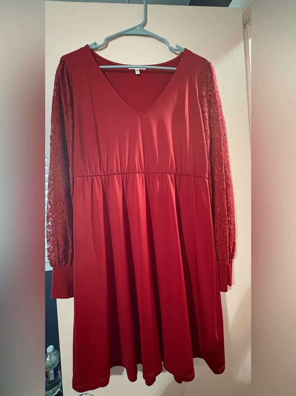 Maurices Red V-Neck Dress with Lace Long Sleeves